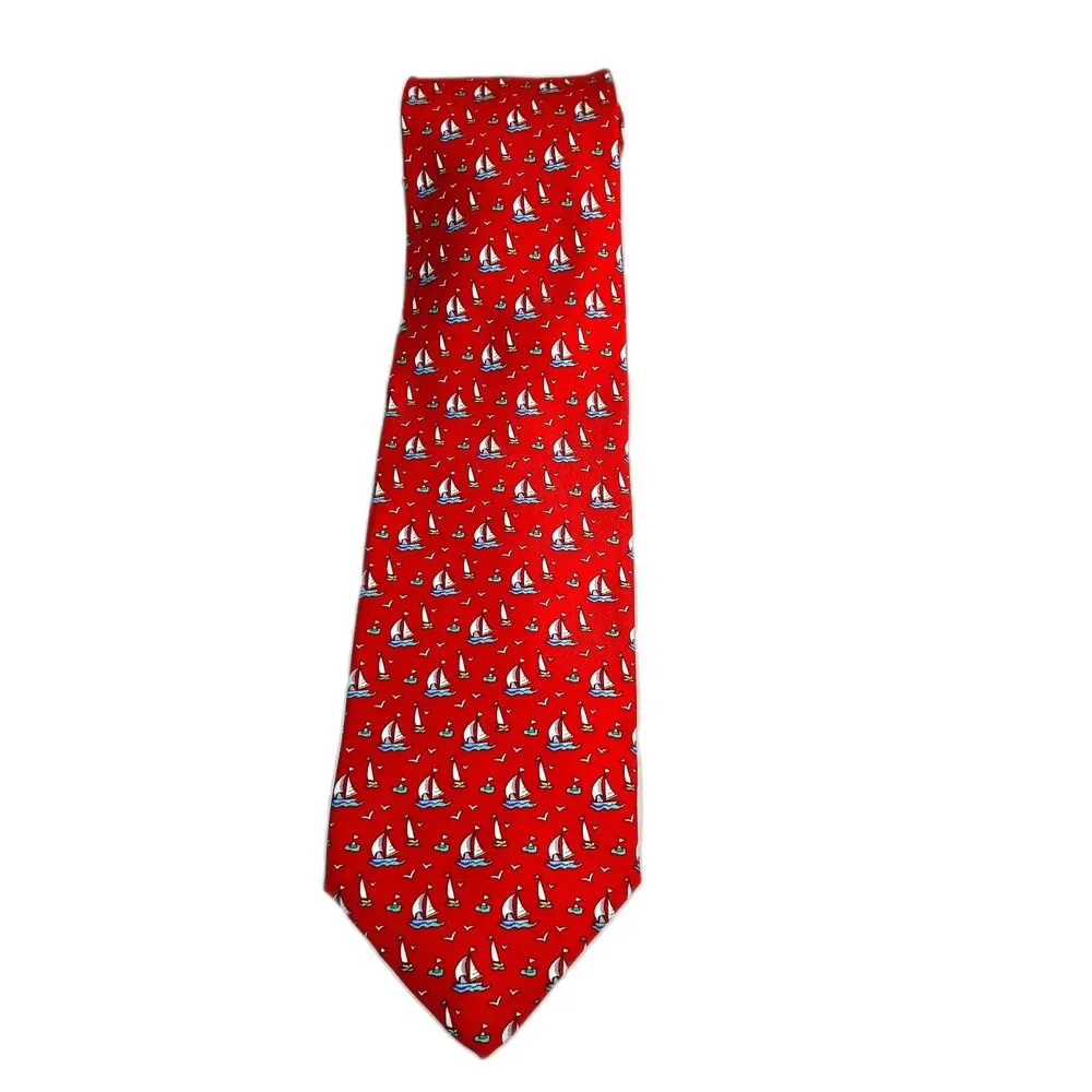 Jos. A. Bank Men's Bright Red Blue Nautical Sailboat Print 100% Silk Tie